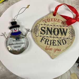 Vintage Set of 2 Christmas Friend Ornaments Glass Snowman & Wooden Ornament